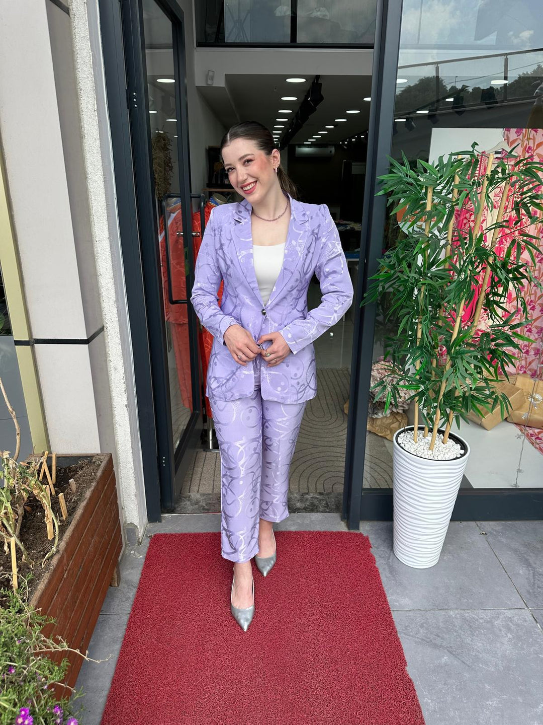 Saten Jakarlı Lila Takım