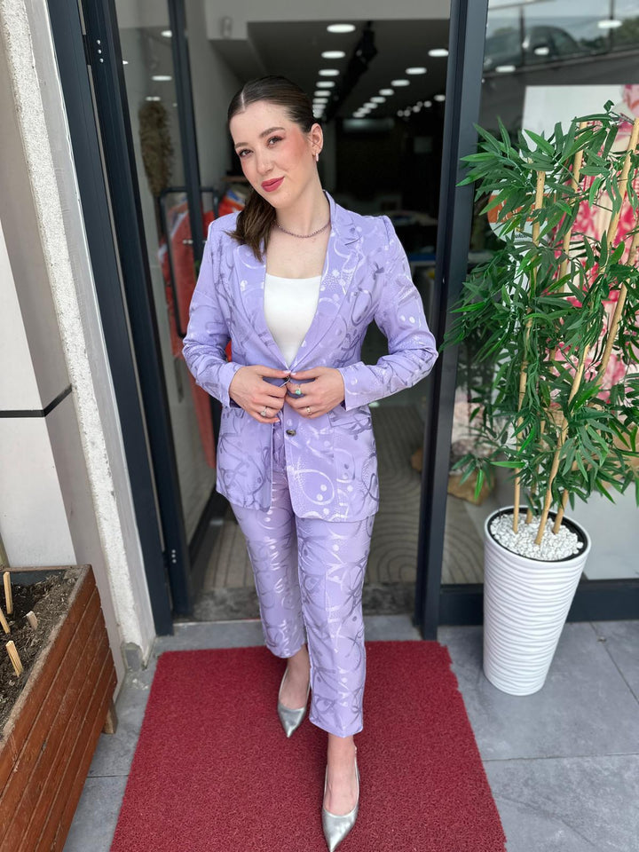 Saten Jakarlı Lila Takım