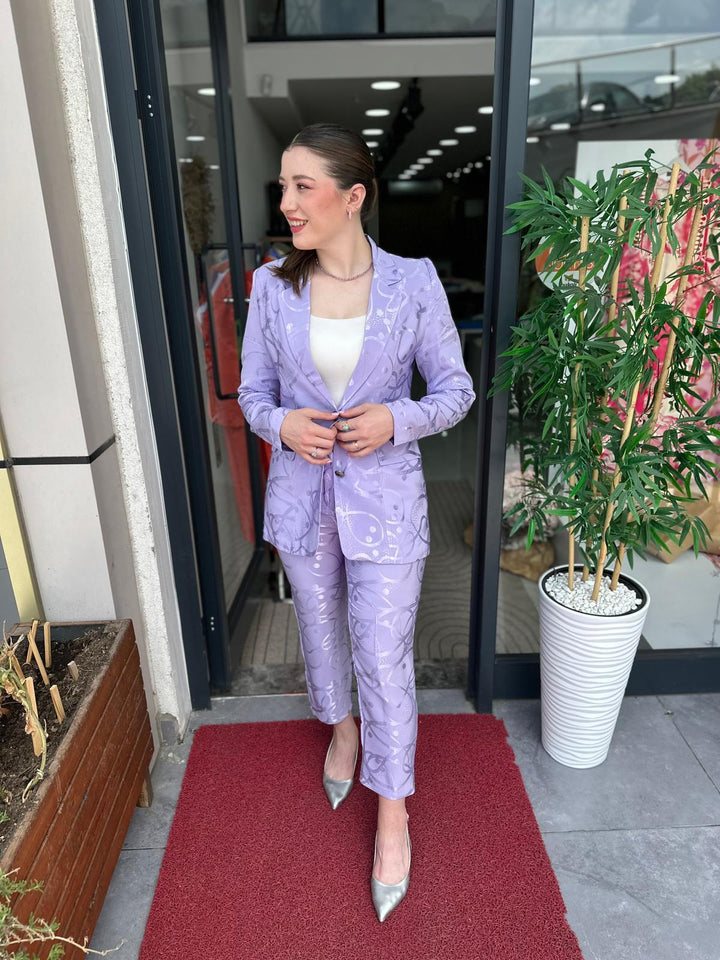 Saten Jakarlı Lila Takım