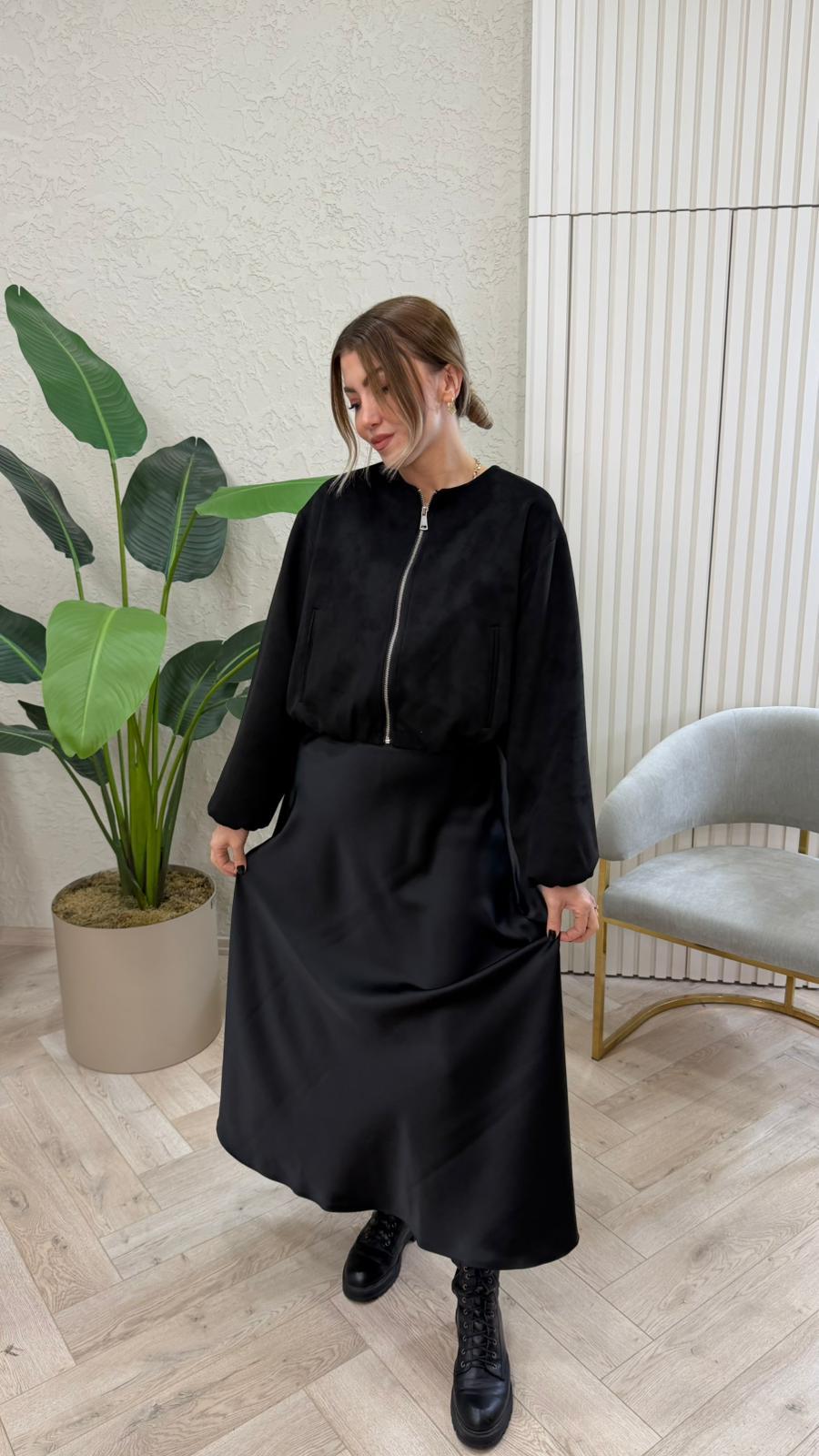 SİYAH SATEN ETEK DÜZ KALIP