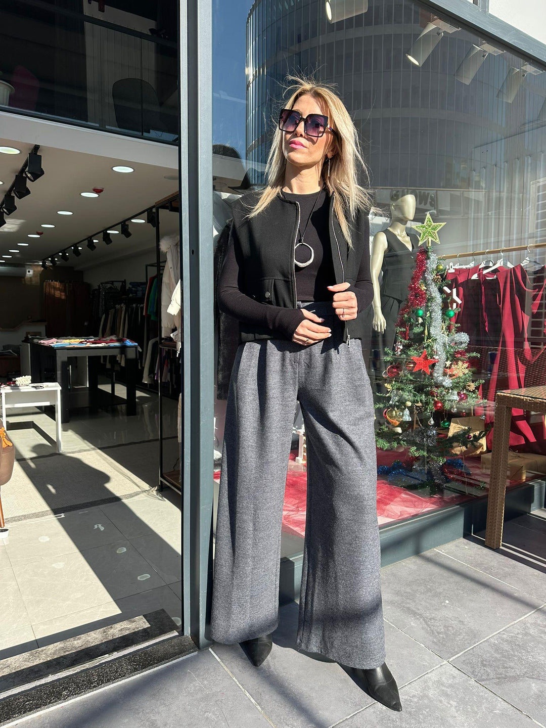 Balıksırtı Desenli Yün Palazzo Pantolon