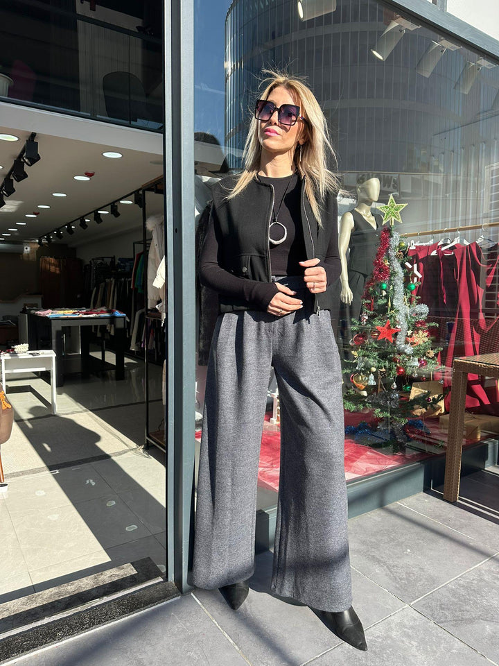 Balıksırtı Desenli Yün Palazzo Pantolon